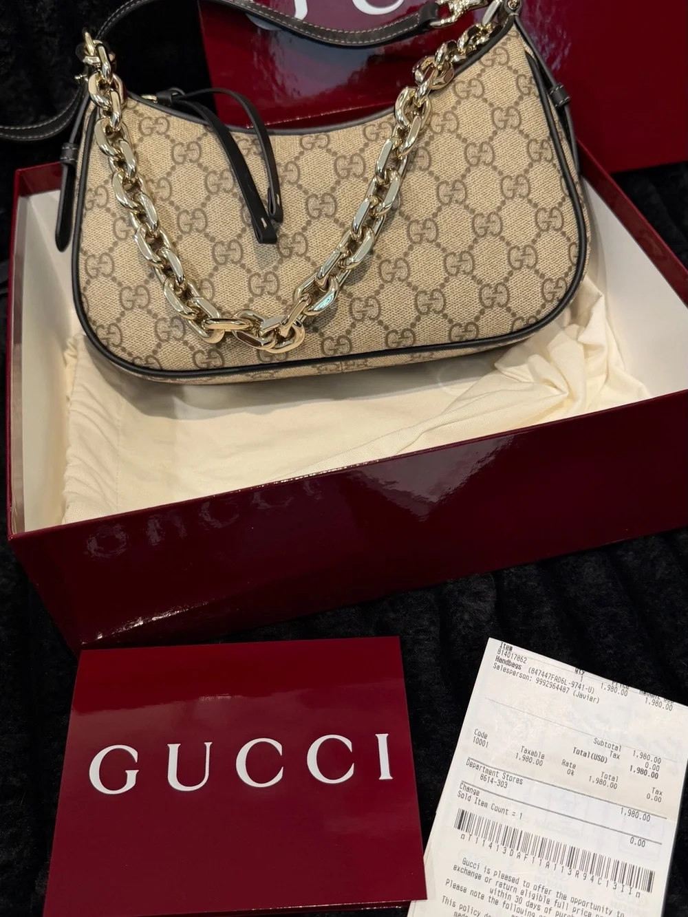 Gucci Beige GG Canvas Shoulder Bag with Gold Chain Trim